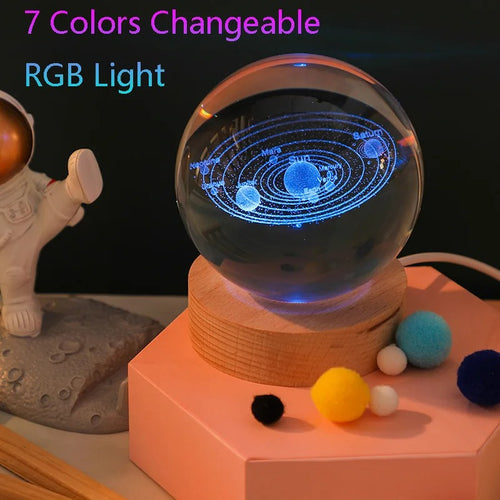 Einzigartige 3D-Kristallkugellampe mit Galaxie und Planetenprojektionen